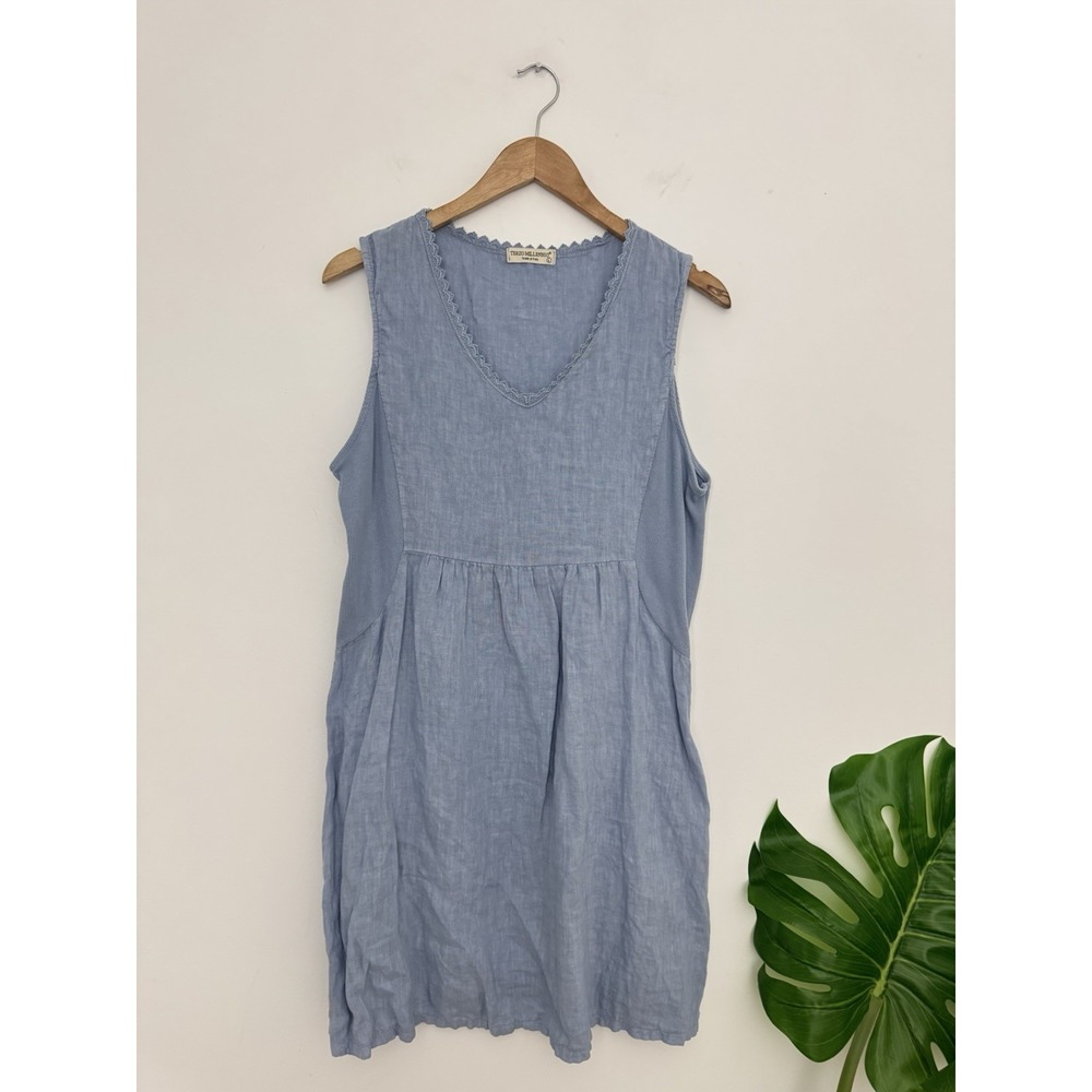 Terzo Millennio Linen Sleeveless Mini Dress Blue Womens L Stretch Sides V Neck